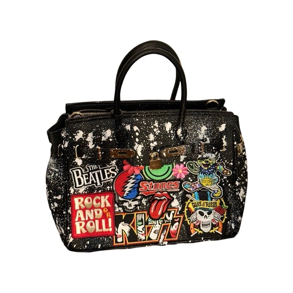 Black Splatter Vegan Leather Handbag w/ Rock N’ Roll Patches - Picture 3 of 11